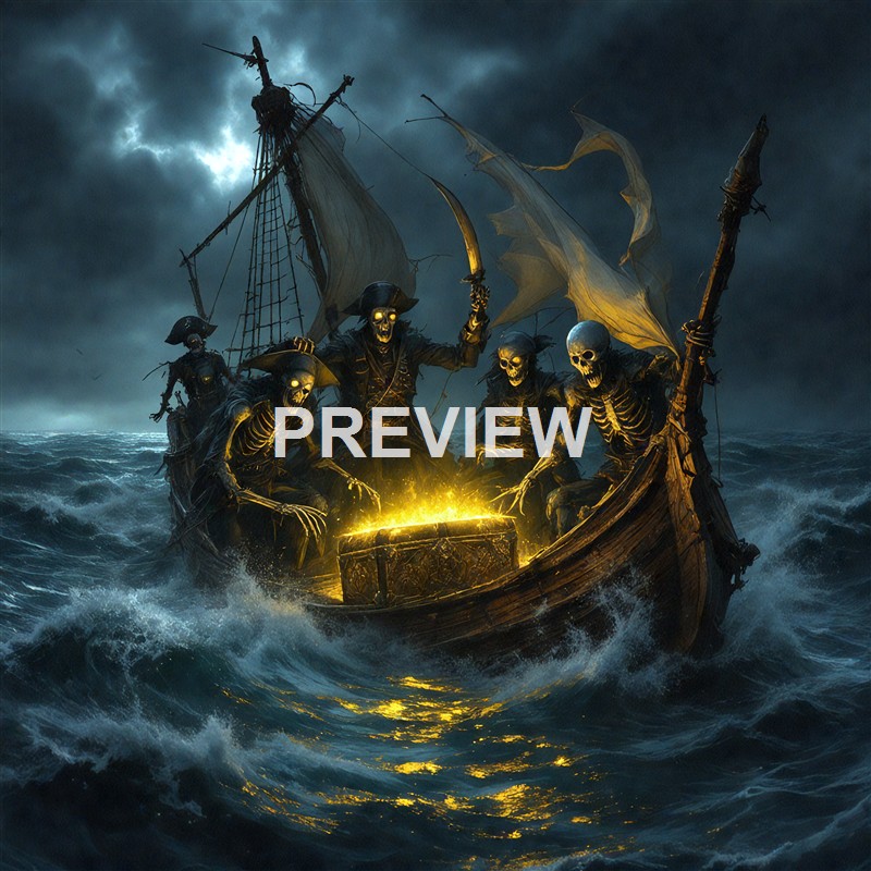 A ghostly pirate ship with skeleton crew members, glowing eyes, and tattered sails sailing through stormy, dark waters under a cloudy sky, illuminated by a mystical golden light emanating from a treasure chest.